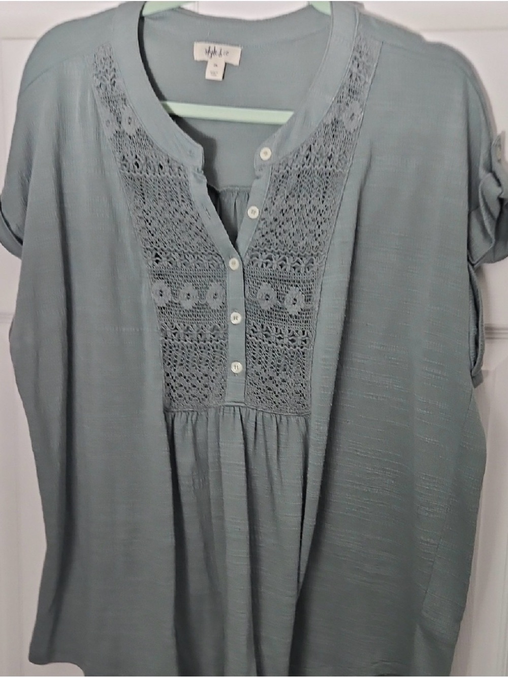 Style & Co. Sage Green Crochet-Trim Henley top with button tab sleeves. 2x